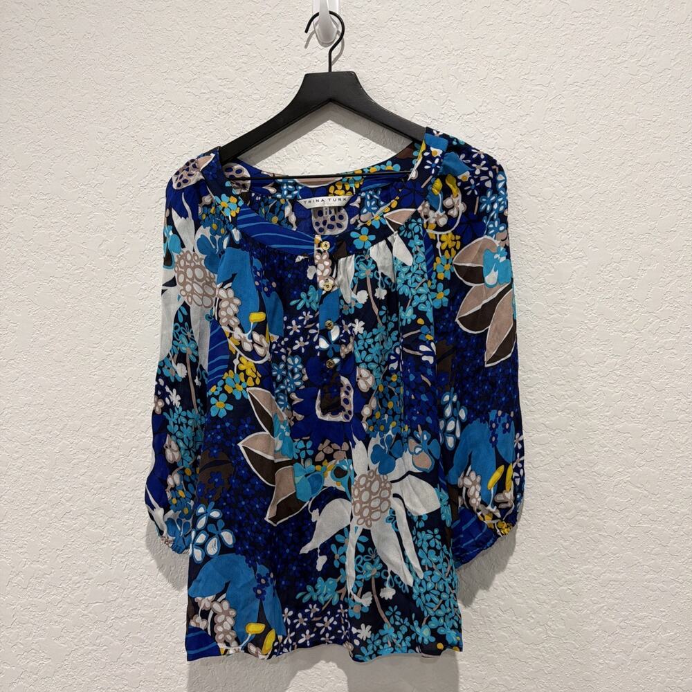 Trina Turk Floral 3/4 Length Sleeve Sheer Size Small
